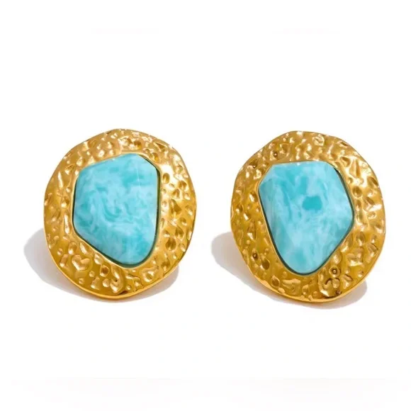 Natural Amazonite Stainless Steel Gold-Tone Stud Earrings - Picture 1 of 2